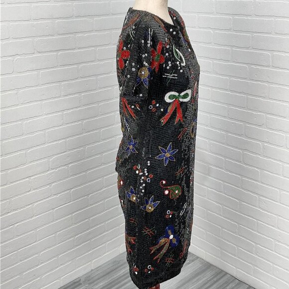 Unbranded Dress Women Medium Black Multi Floral Bow All Sequin Silk Christmas - Picture 5 of 10